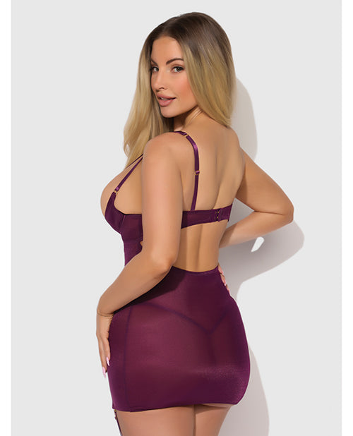 Yasmine Shimmer Mesh O-Ring Thigh Garter Chemise & G-String Set - Burgundy 3X/4X by House of Desire