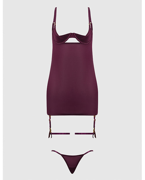 Yasmine Shimmer Mesh O-Ring Thigh Garter Chemise & G-String Set - Burgundy 3X/4X by House of Desire