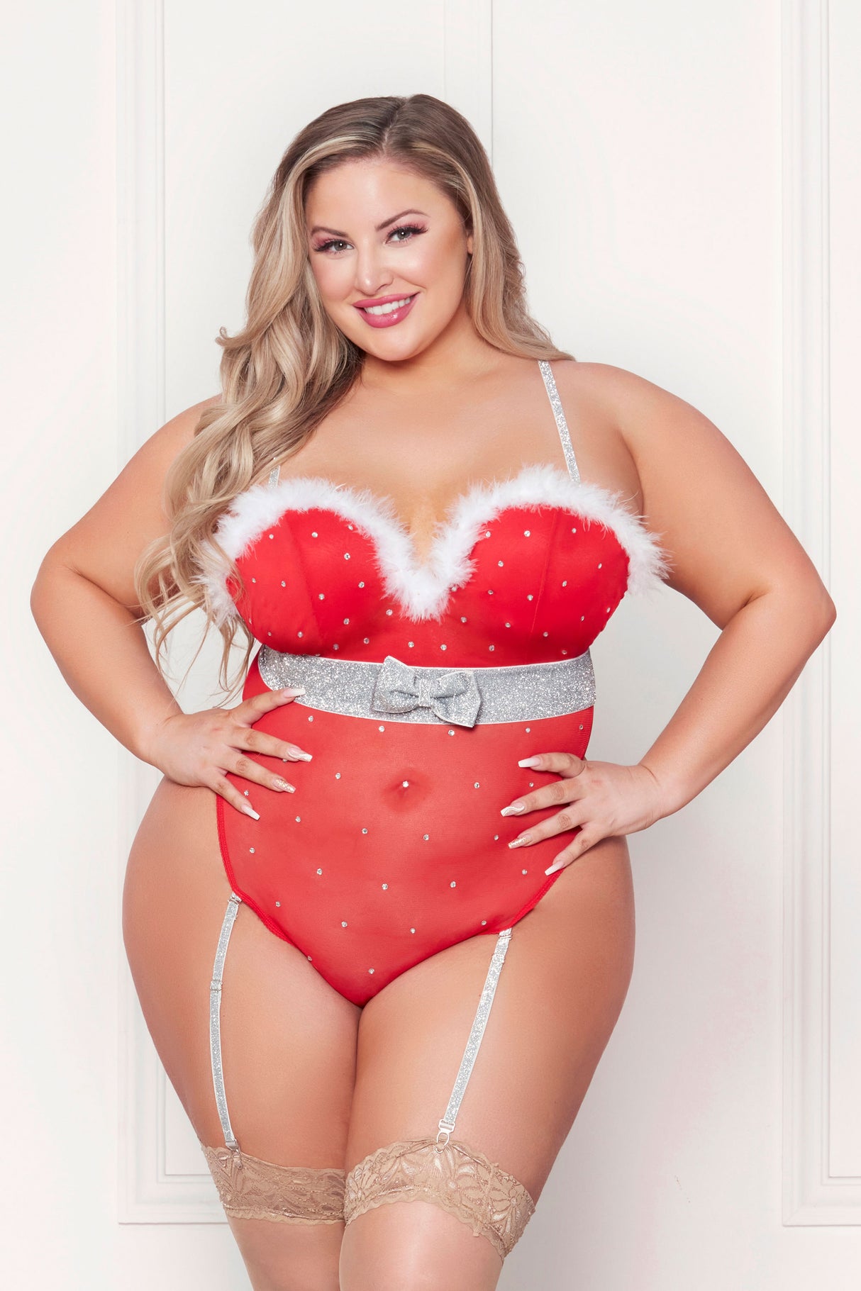 "Rhinestone Studded Mesh Teddy With Marabou Trim - 1x/2x - Red STM-11470XR1X2"