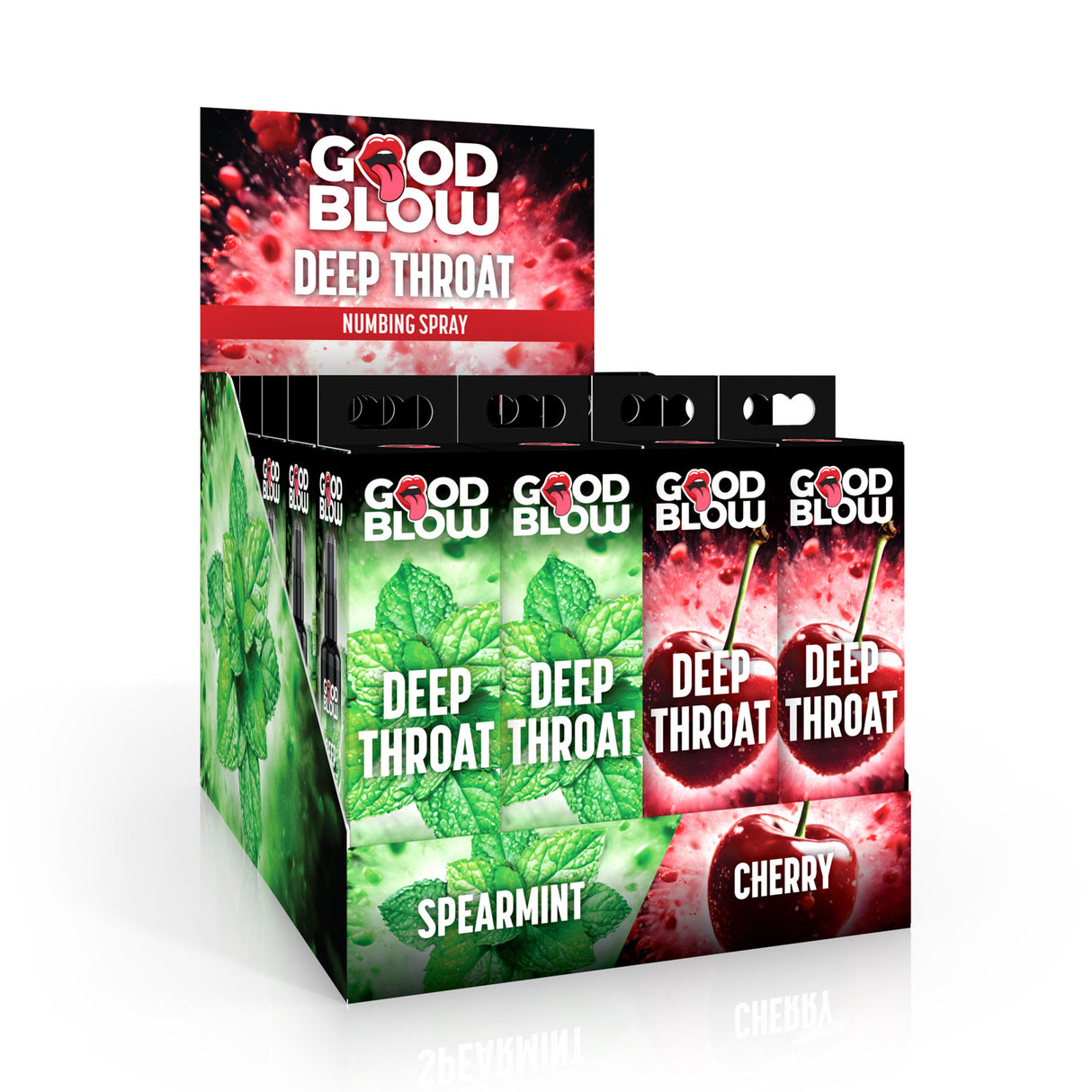 XR Brands Deep Throat Numbing Spray Pop Display — Cherry/Spearmint, 24 Pack - GB-AH589