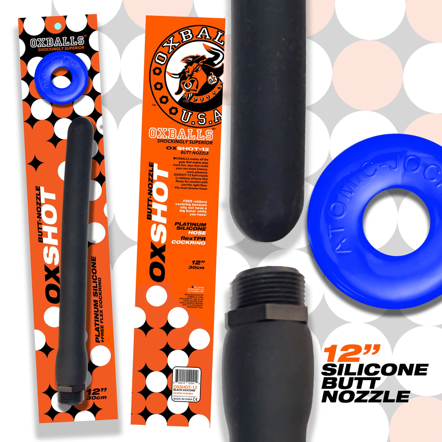 "Oxshot - Butt-Nozzle Shower Hose 12 Inch - Black Blue OX-8000-12-BKB"