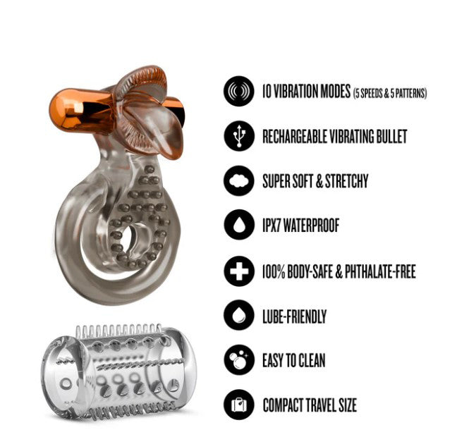 Blush Stay Hard Vibrating Cock Ring Set with Textured Sleeve - BL-66099