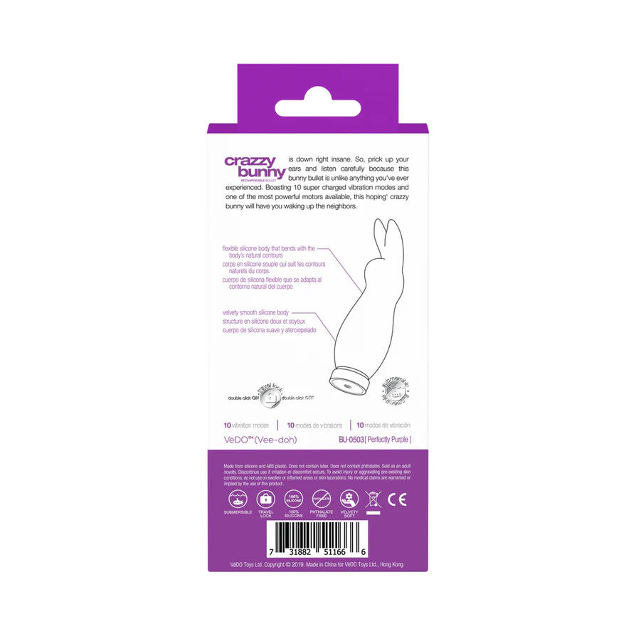 VeDO Crazzy Bunny Rechargeable Bullet Vibrator — Purple - BU-0503