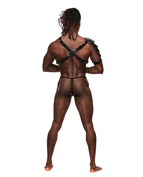 Male Power Aquarius PU Leather Chest Harness w/ Half Sleeve — Black, One Size