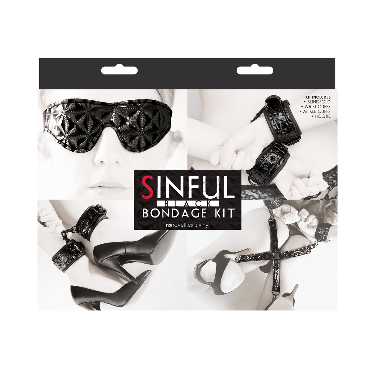 nsnovelties Sinful Bondage Kit — Wrist & Ankle Cuffs, Hogtie and Blindfold (Black) - NSN1219-03