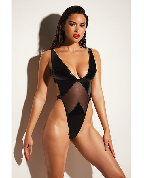 FETISH Limitless Soft Cup High Leg Vinyl & Mesh Teddy Black L/XL by Fetish by Oh la la Cheri