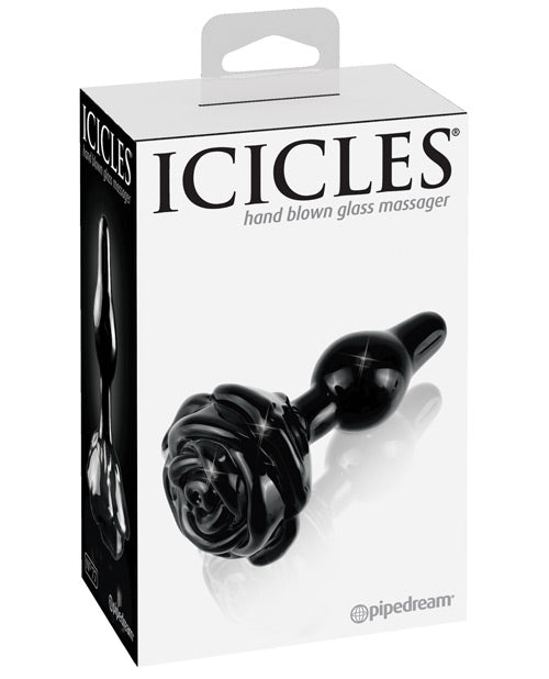 Icicles No. 77 Hand Blown Glass Rose Butt Plug - Black by Icicles