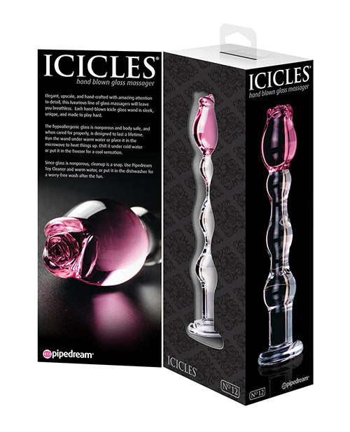 Icicles No. 12 Hand-Blown Glass Massager — Clear with Rose Tip