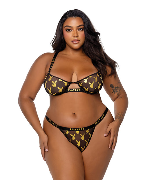 Playboy Gold Foil Mesh & Satin Bralette w/Thong 2 pc Set - Black/Gold 2X by Playboy by Roma