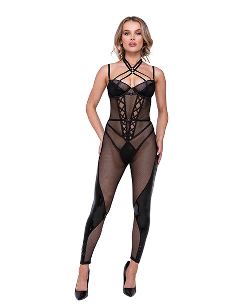 Flirty Fetish Fishnet & Faux Leather Catsuit w/Satin Trim Black SM by Roma Confidential