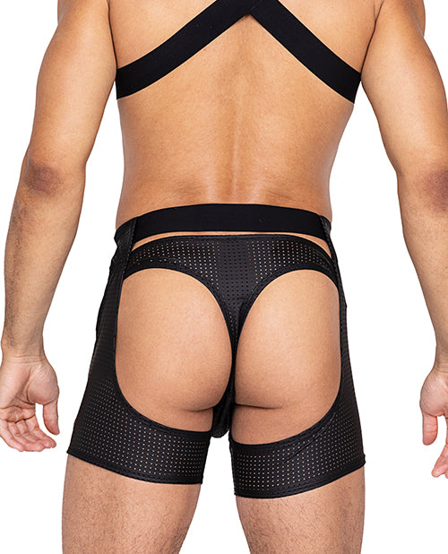 Master Chaps w/Hook & Ring Closure & Rear Cut Out (Thong Not Included) - Black XL by Roma Confidential