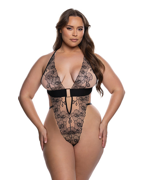 Orchid Blossom Embroidered Teddy - Black/Nude 2X by Roma Confidential