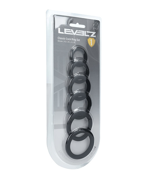 Shots Levelz Classic Silicone Cock Ring Set of 6 All Sizes - Black by Levelz
