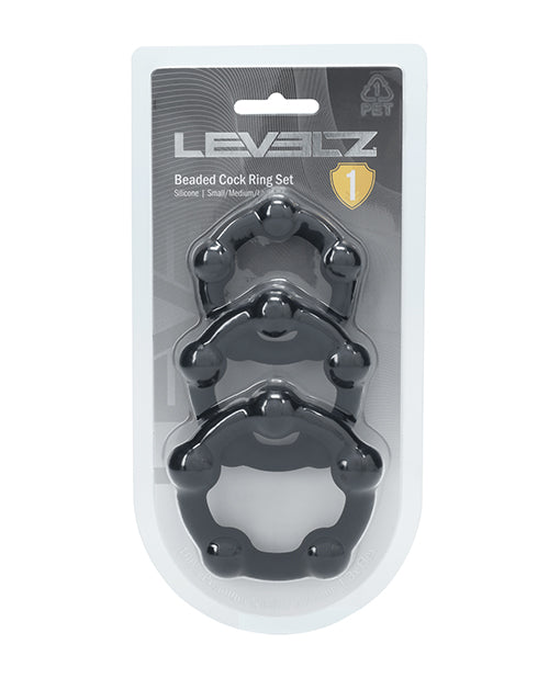 Shots Levelz Beaded Silicone Cock Ring Set of 3 (35 mm, 40 mm, 45 mm) - Black by Levelz