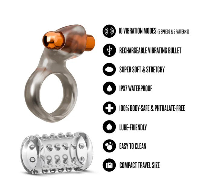 Blush Stay Hard Vibrating Cock Ring Set with Textured Sleeve - BL-73409