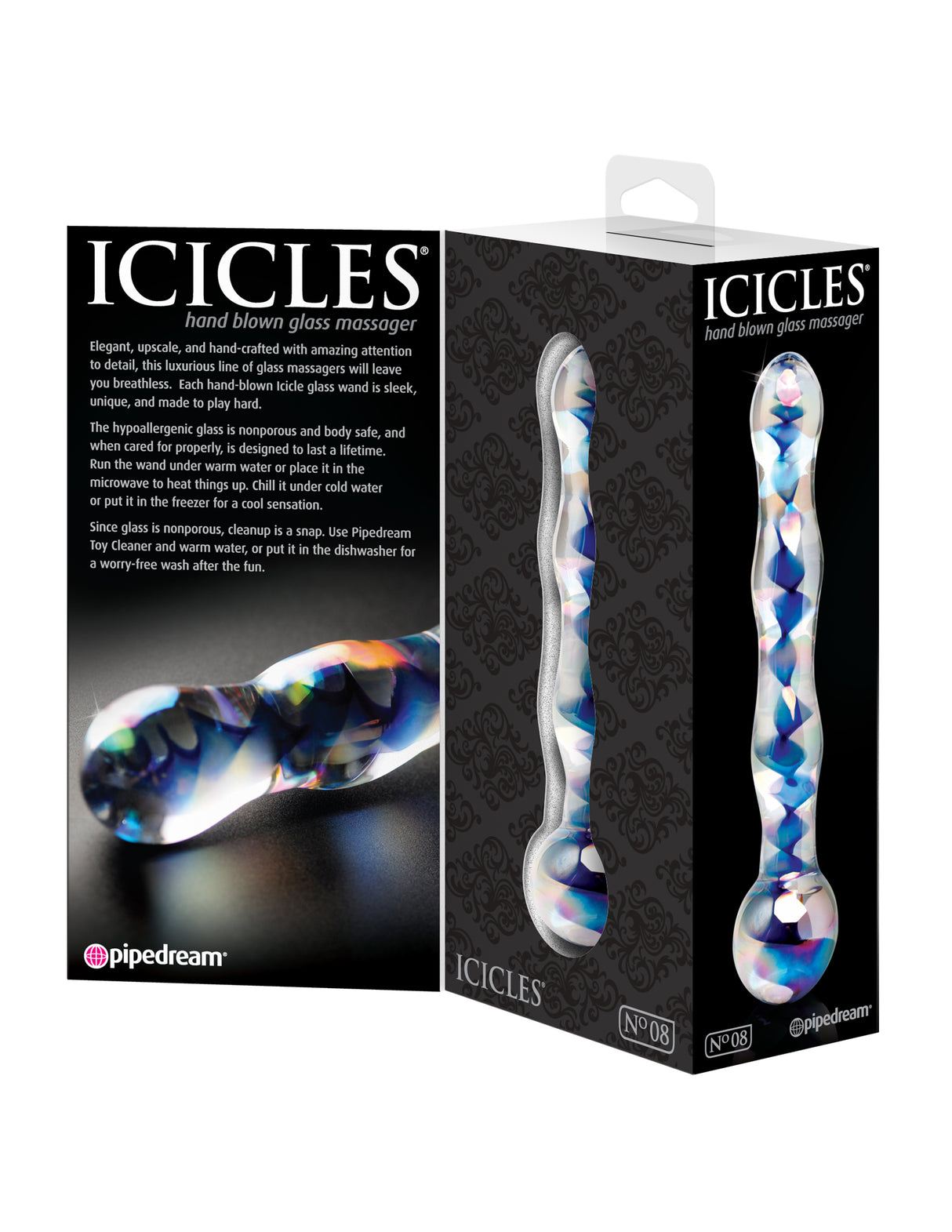 Pipedream Icicles No. 8 Glass Massager — 7" Clear/Blue - PD2908-00