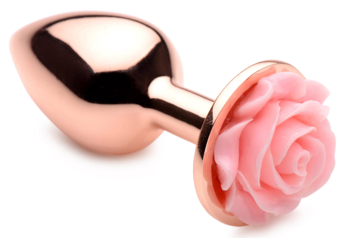 XR Brands Small Rose Gold Anal Plug with Pink Flower — 3" - BTYS-AG855-SML