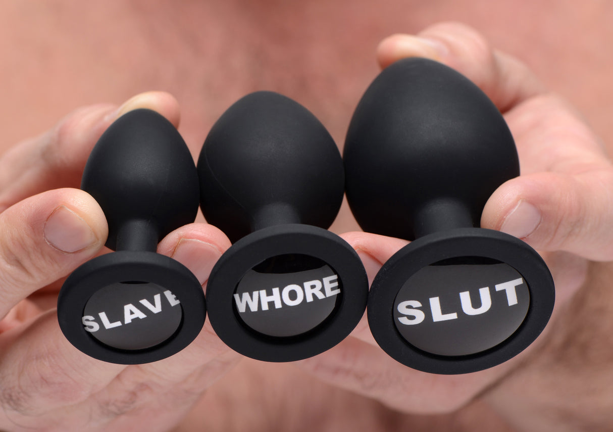 Master Series Dirty Words Anal Plug Set — 3-Pack Black Silicone - 848518032218