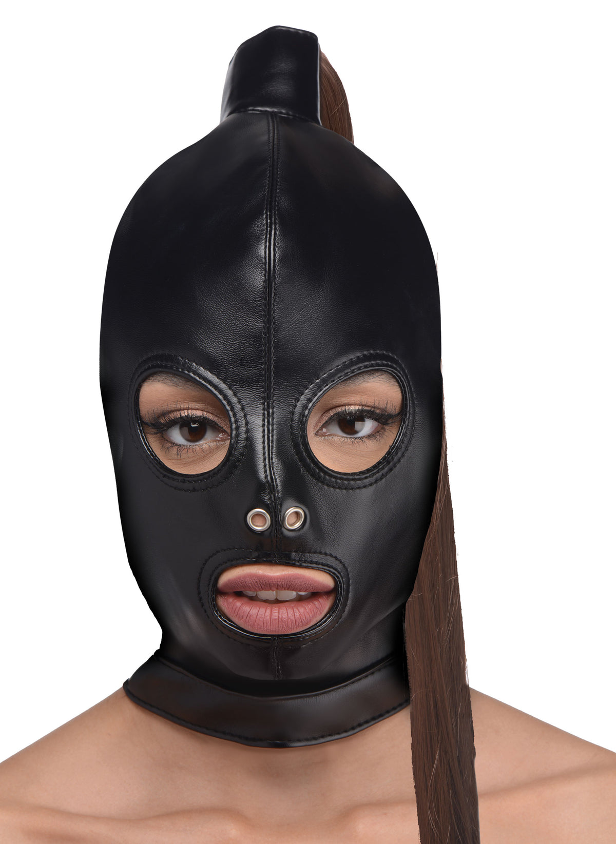 Strict Ponytail Bondage Hood — Black PU Leather with 20-inch Ponytail - STR-AG774