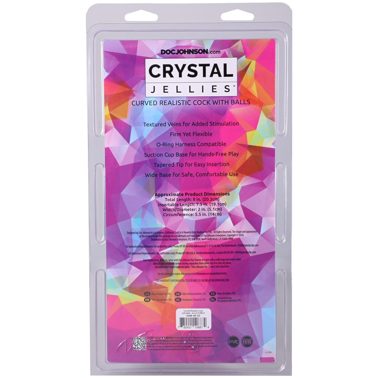Doc Johnson Crystal Jellies Curved Realistic Dildo with Balls — 8 in, Purple - DJ0288-40-CD