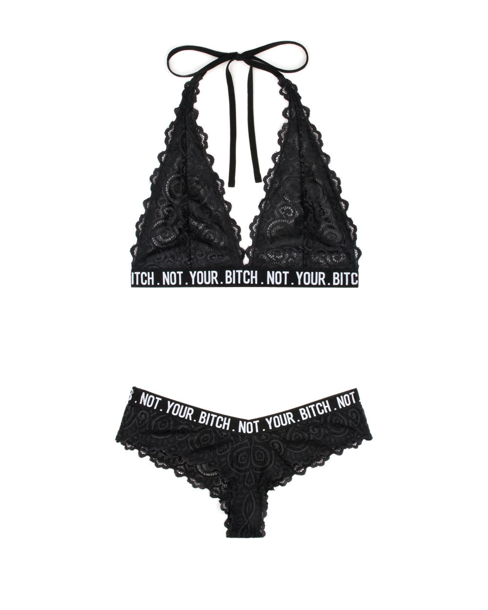 Fantasy Lingerie Not Your Bitch Lace Halter Bralette & Cheeky Set — Black S/M - FL-BAF902-SM