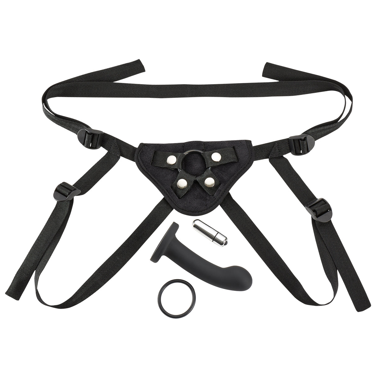 Cloud 9 Novelties Strap-On Harness Kit — Black, 5.5in Curved Dildo & Bullet - WTC319