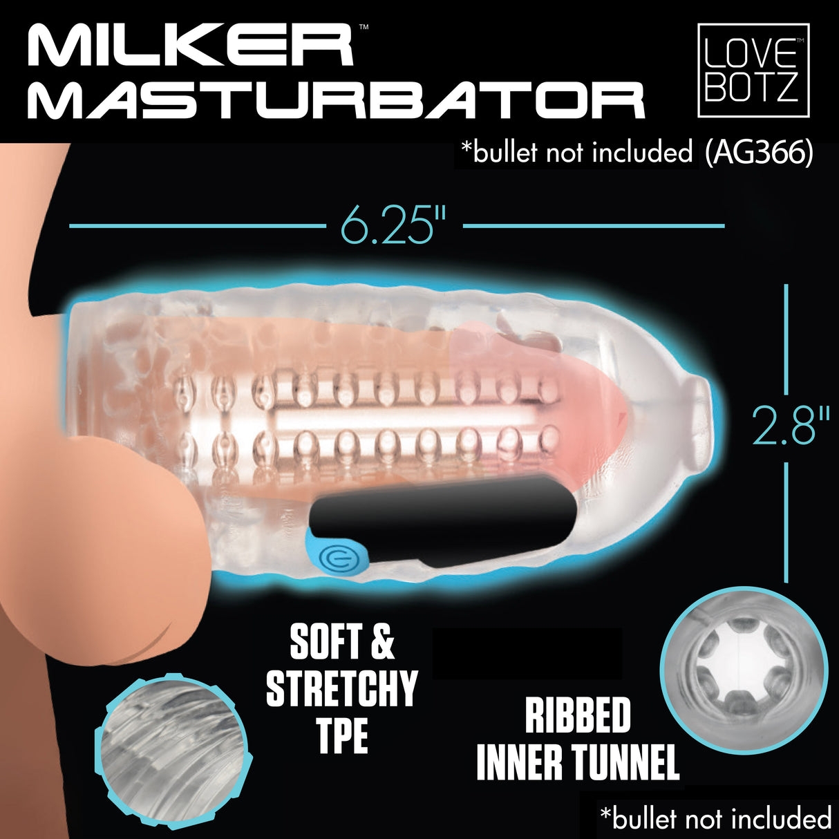 LoveBotz Milker TPE Stroker Sleeve — Clear, 6.25 in - 848518048509