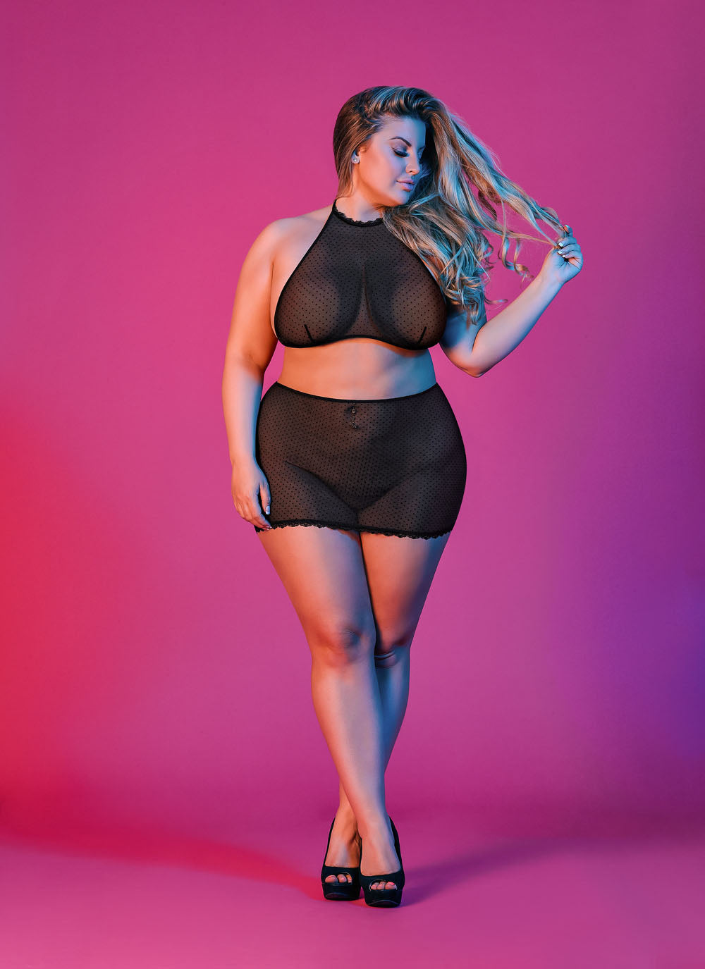 Sexy Time Polka Dot Mesh Halter and Skirt Set - Black - 1x-3x by Magic Silk