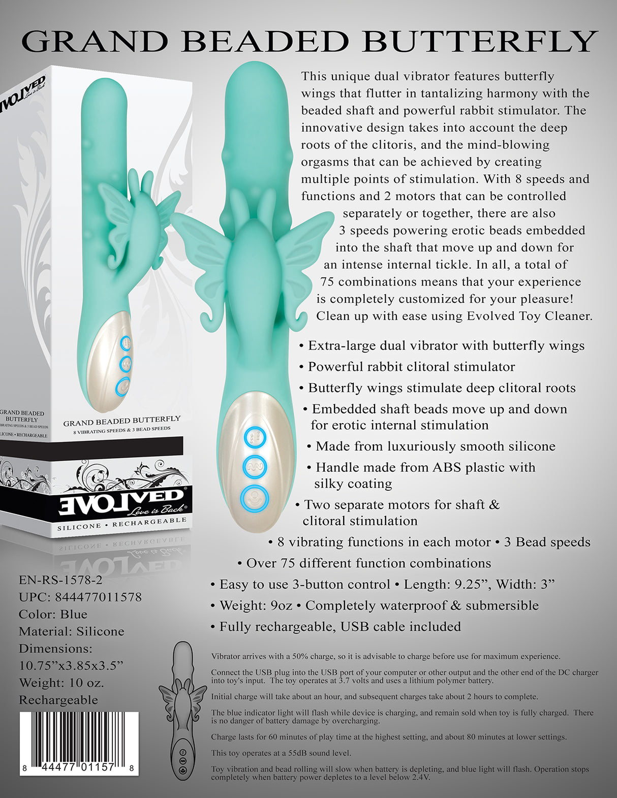 Evolved Novelties Grand Beaded Butterfly Rabbit Vibrator — Dual Motor, 9.25" - EN-RS-1578-2