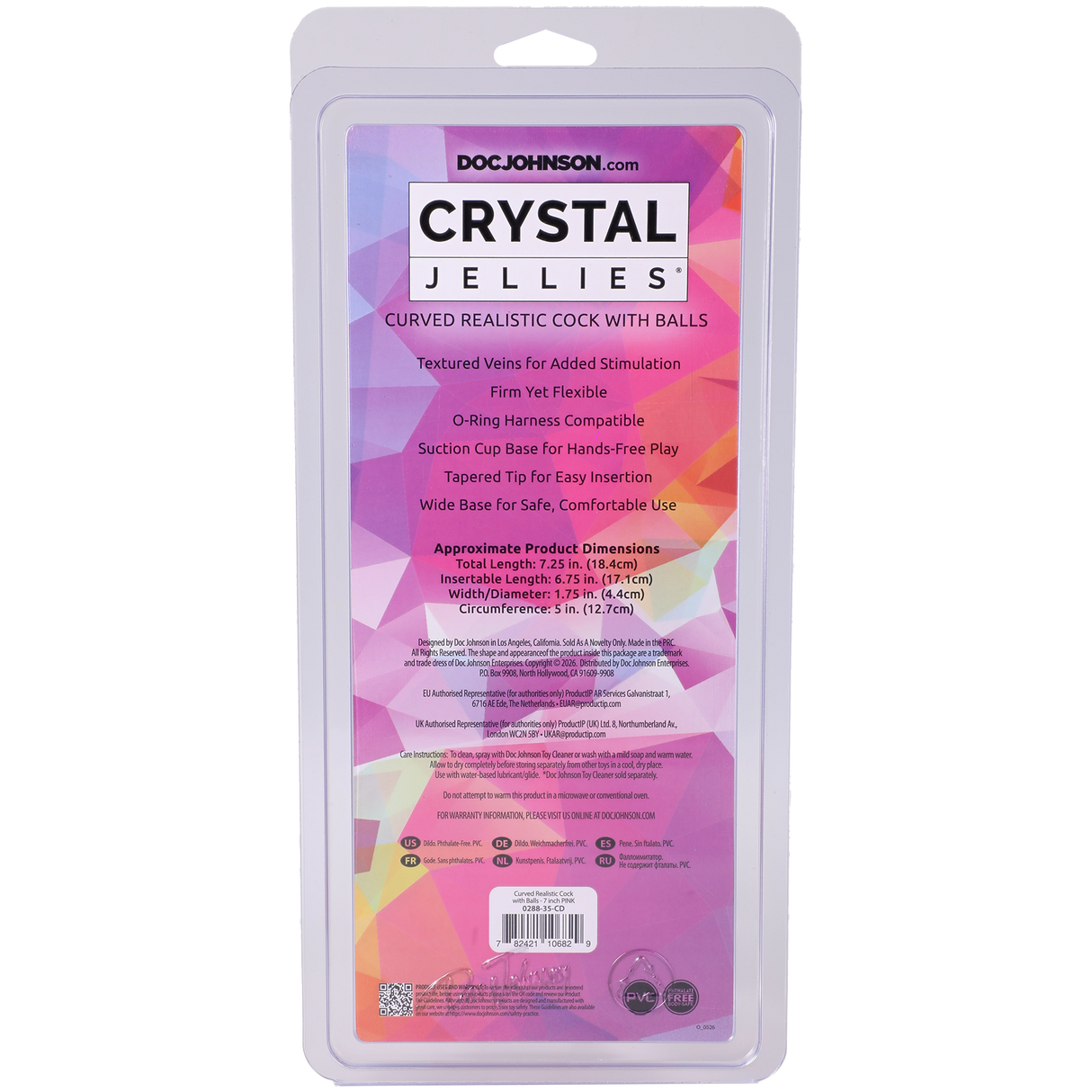 Doc Johnson Crystal Jellies Curved Realistic Dildo with Balls — 7 in Pink - DJ0288-35-CD