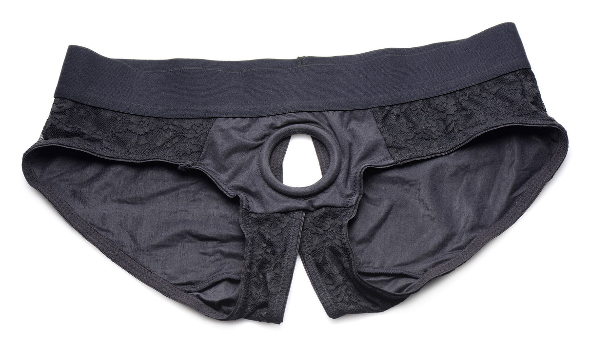 XR Brands Lace Envy Black Crotchless Panty Harness — L/XL - SU-AG453-LXL