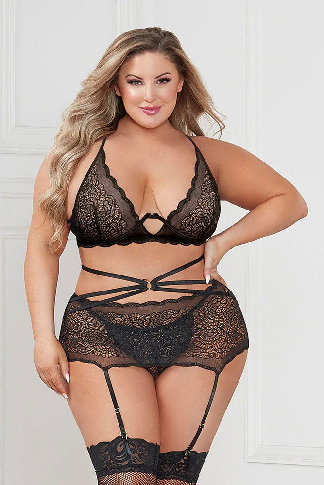 "Three Piece Floral Lace Bra, Skirt, and G-String Set - Queen - Black STM-11424XPBKQ"