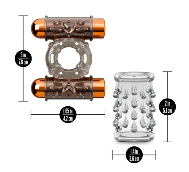 Blush Stay Hard Vibrating Cock Ring Set — Textured Sleeve & Dual Bullets - BL-77509