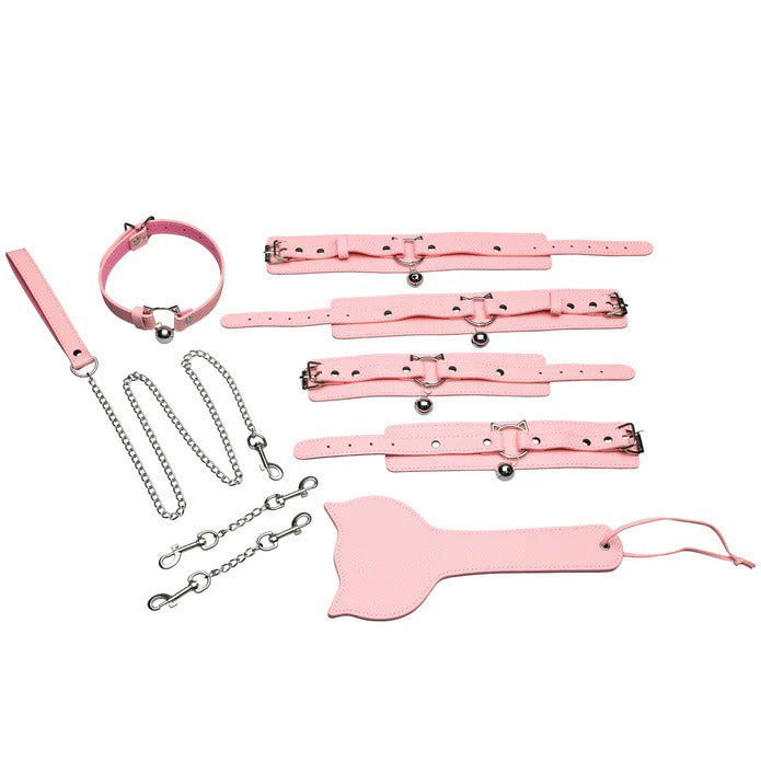 XR Brands Kitty Bondage Set — Pink Vegan Leather Kit with Collar, Cuffs, Leash & Paddle - MS-AH822
