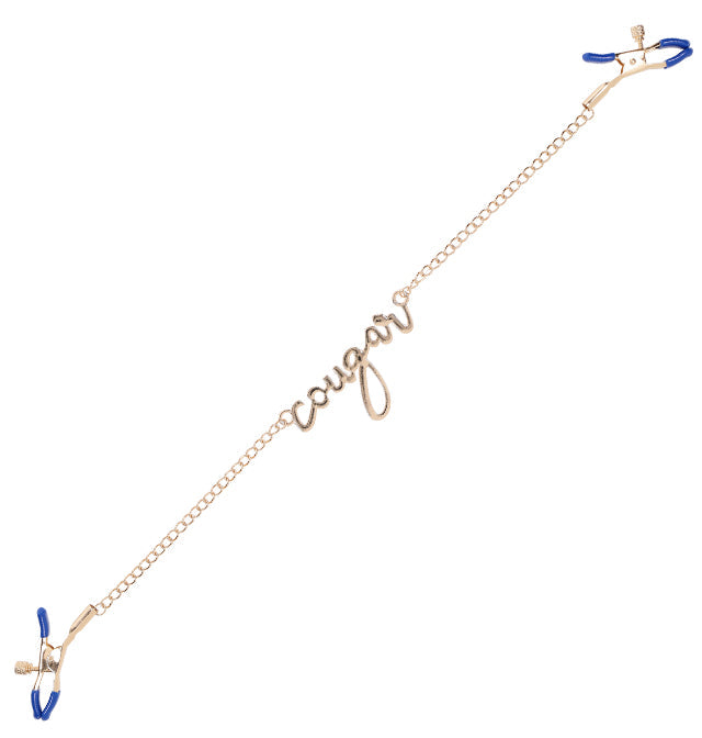 Sex & Mischief Cougar Nipple Clamps, Adjustable Blue with Gold Chain - SP9756