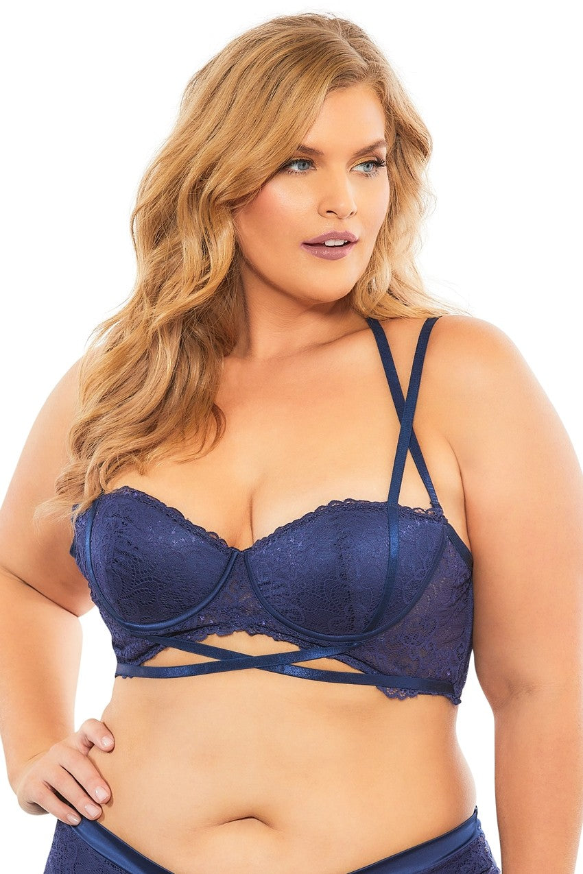 Lace Push Up Balconette Bra With Crossing Halter Straps - Estate Blue - 4x by Oh Lá Lá Chéri