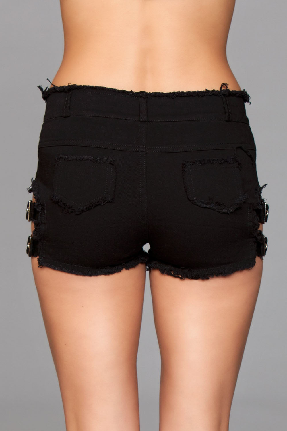 Denim Shorts With Belt Buckle Side Details and Faux Back Pockets - Small by BeWicked