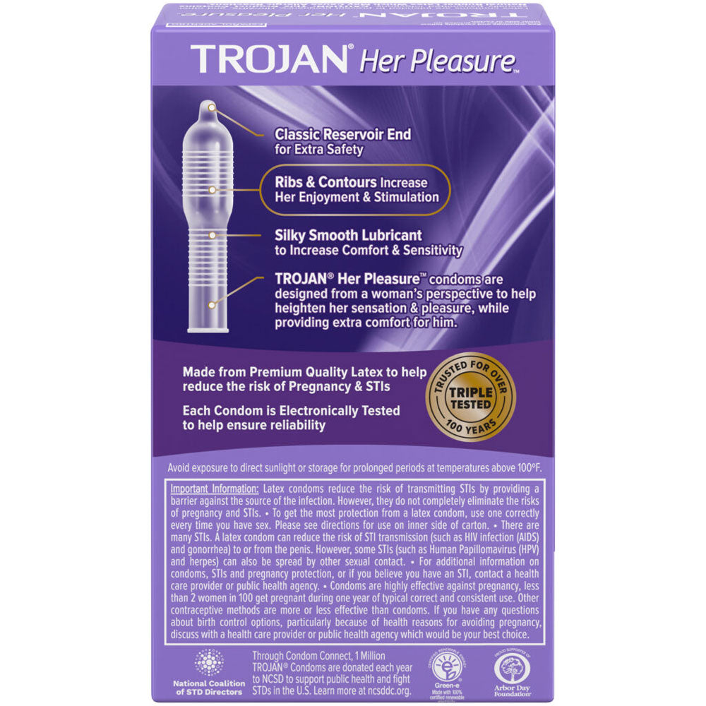 Paradise Marketing Trojan Her Pleasure Ribbed Contoured Condoms — 12 Pack - TJ97352