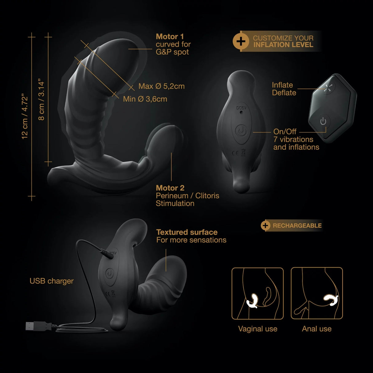 Dorcel Inflatable Anal Vibrator with Dual Motors (Black) - DL2400