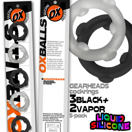 Oxballs Gearheads Cock Rings 5-Pack Black/Vapor - OX-3203-VPBK
