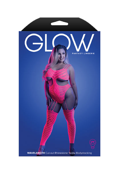 Wavelength Cutout Rhinestone Teddy Bodystocking - Queen - Neon Pink by Fantasy Lingerie