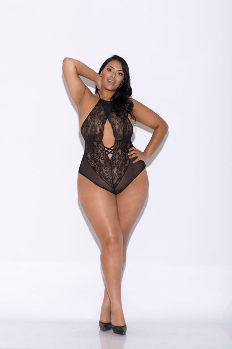 Glitter Lace and Mesh Halter Teddy — Queen Size, Black - GLTR-35019XBLK