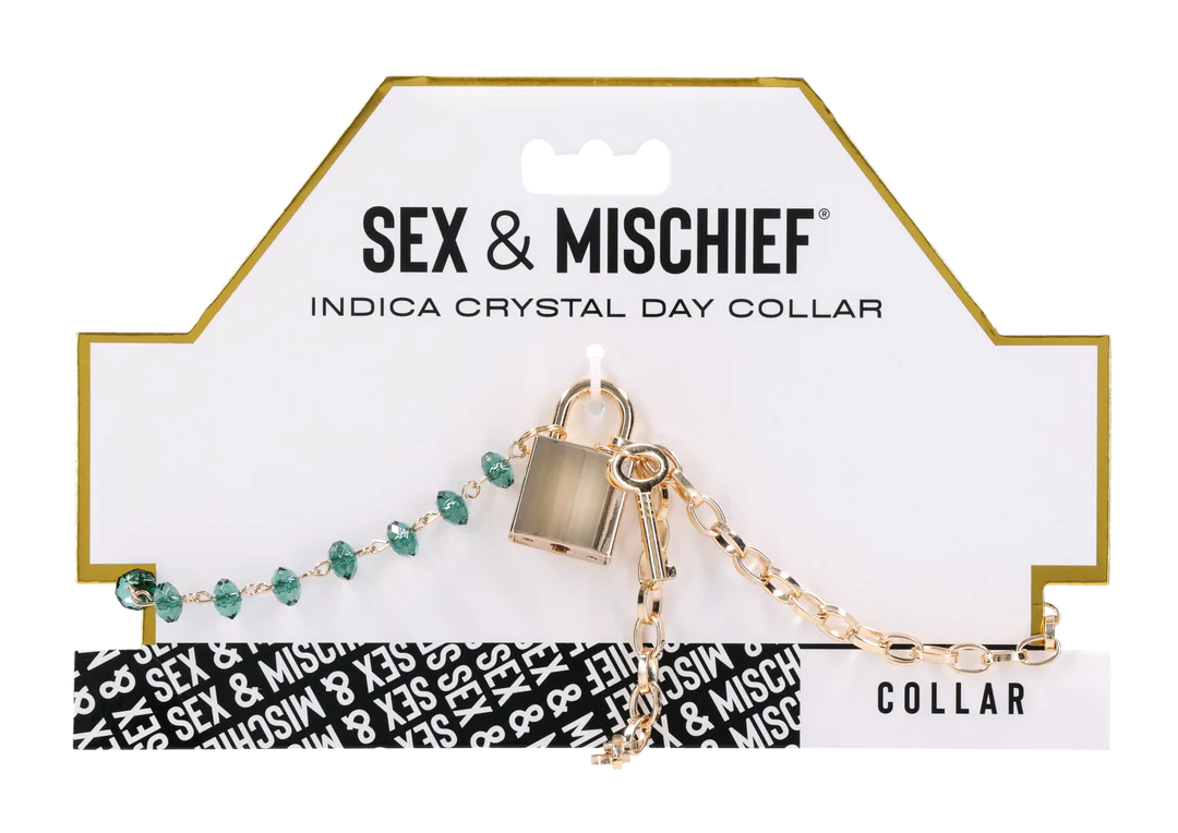 Sportsheets Indica Crystal Day Collar — Green Gems & Gold Chain, Adjustable 9 to 20 in - SS10222