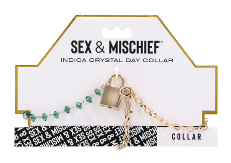 Sportsheets Indica Crystal Day Collar — Green Gems & Gold Chain, Adjustable 9 to 20 in - SS10222