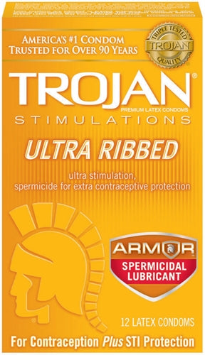 Paradise Marketing Trojan Ultra Ribbed Spermicidal Condoms — 12 Pack - TJ94552