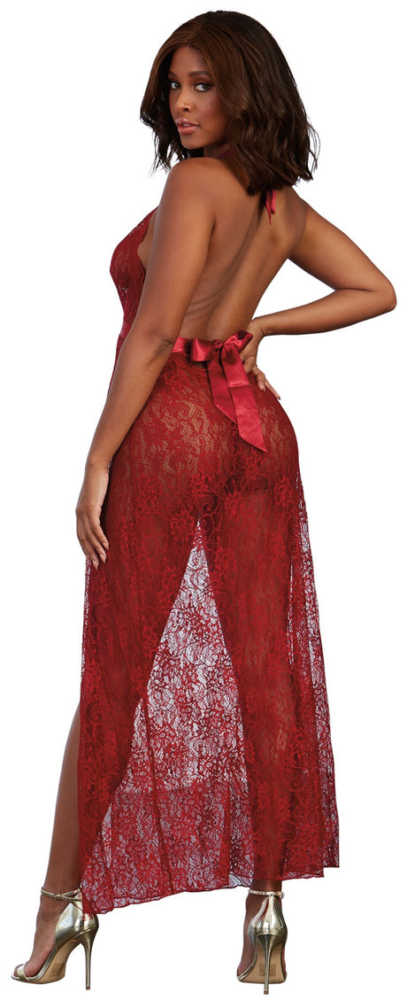 Dreamgirl Long Lace Gown with G-String — Small, Garnet - DG-10460GARS