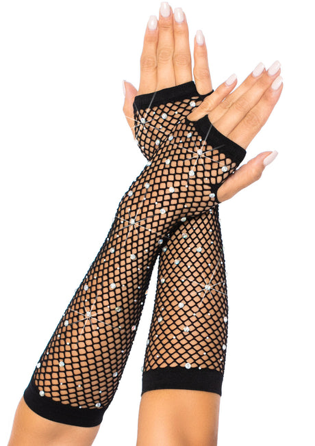 Leg Avenue Rhinestone Fishnet Arm Warmers — Black - LA-2037BLK