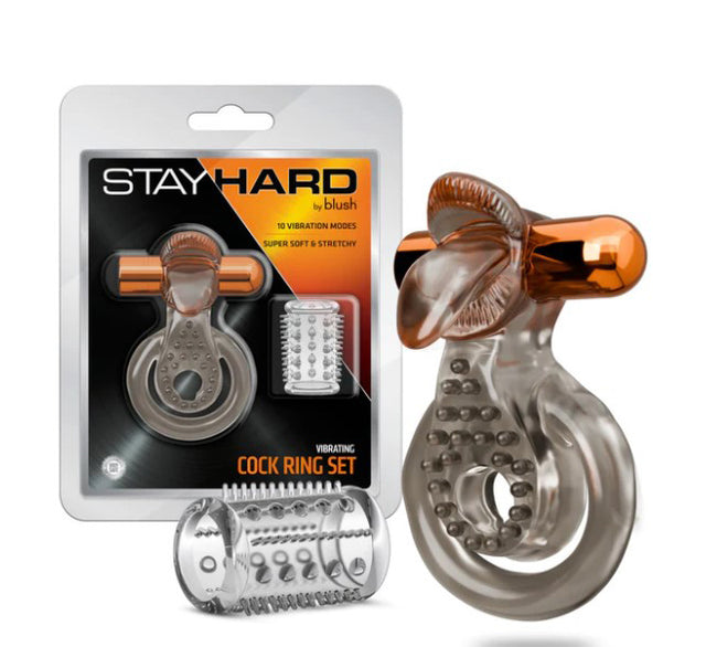 Blush Stay Hard Vibrating Cock Ring Set with Textured Sleeve - BL-66099