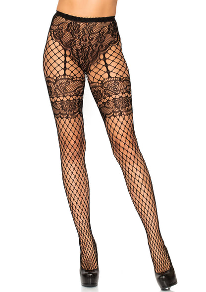 Lace French Cut Faux Garter Net Tights - One Size Black by Leg Avenue