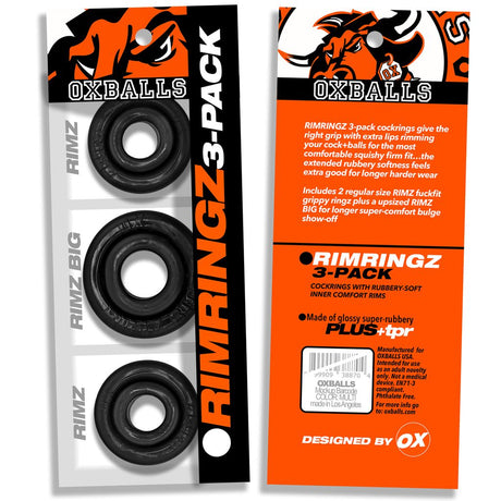 OXBALLS Rimringz 3‑Pack Cockrings — Black (2 Regular + 1 Big) - OX-3206-BLK